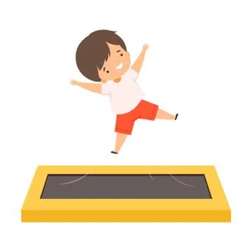 Smiling Cute Boy Bouncing on a Trampoline, Happy Kid Trampolining and Having Fun Stock Illustration
