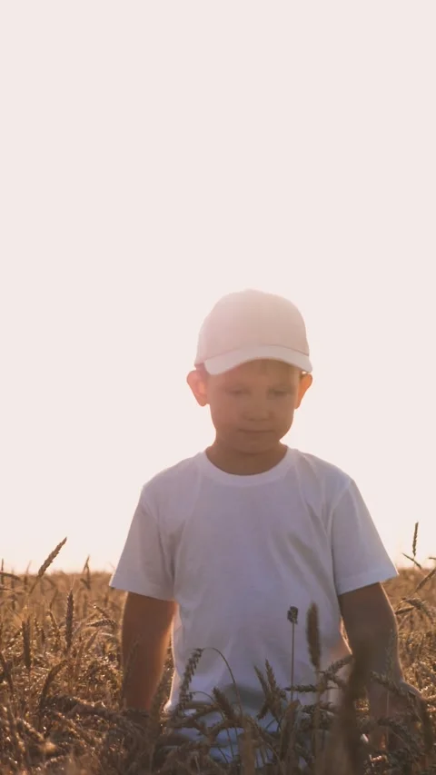 Smiling cute boy kid with white cap walking at sunny dry wheat field closeup Stock Footage 282889984