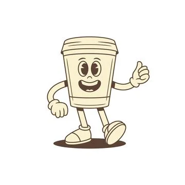 Smiling cute coffee paper cup cartoon character thumb up contoured vector fla Stock Illustration