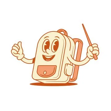 Smiling cute schoolbag back to school cartoon character with pointer isomet.. Stock Illustration