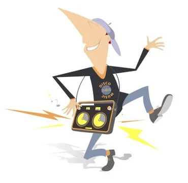 Smiling dancing man with big loud audio system isolated on white illustration Illustrazione stock