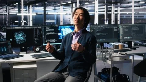 Smiling data center manager filming presentation, showcasing AI equipment Foto stock