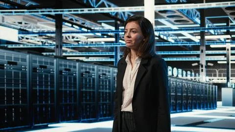 Smiling data center manager taking virtual tour using AR technology Stock Photos