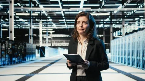Smiling data center technician optimizing server load balancing using tablet app Foto stock