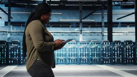Smiling data center technician using tablet to manage software updates Foto stock