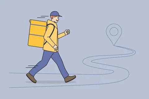 Smiling delivery guy with order rush to client 库存插图