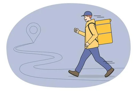 Smiling delivery guy with order rush to client Smiling delivery guy with o... Foto stock