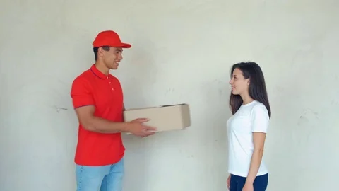 Smiling delivery man delivering parcel to a woman 動画素材 112759676