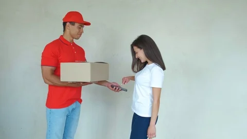 Smiling delivery man delivering parcel to a woman 動画素材 112759801