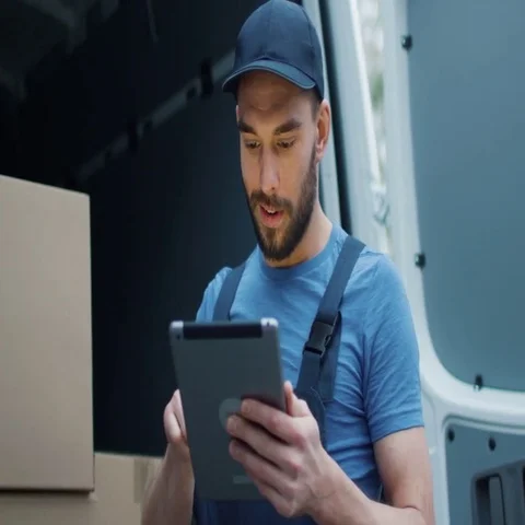 Smiling Delivery Man with a Tablet Checks His Cargo Count. Stock Footage 69723526