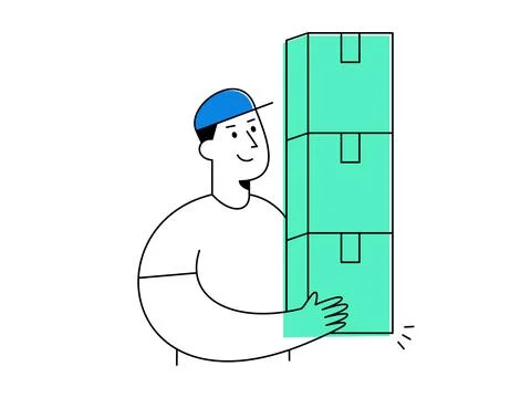 A smiling delivery worker in blue cap carrying bulk product with three larg.. 库存插图