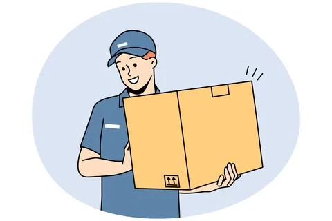 Smiling deliveryman with box in hands 库存插图