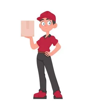Smiling Deliveryman with Parcel: Friendly courier in red uniform holding a .. Illustration