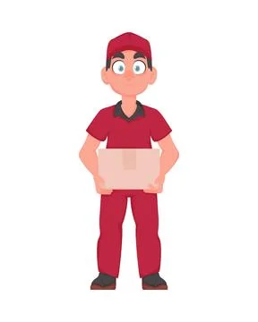 Smiling Deliveryman with Parcel: Friendly courier in red uniform holding a .. Stock Illustration