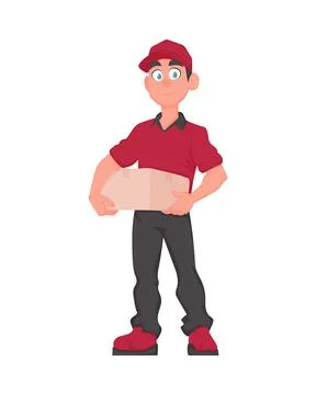 Smiling Deliveryman with Parcel: Friendly courier in red uniform holding a .. Illustration