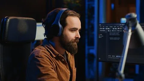 Smiling developer listening music while doing programming, close up 스톡 사진