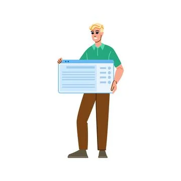 Smiling developer showing website or software interface Stock Illustration