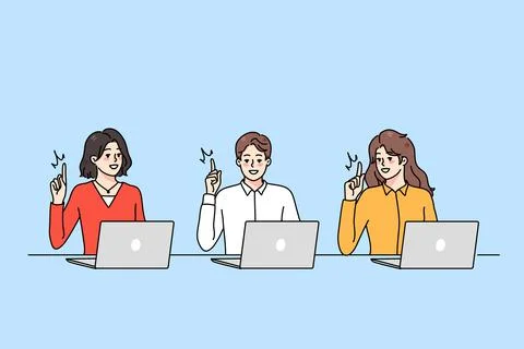 Smiling diverse people working on computer generating ideas Stock Illustration