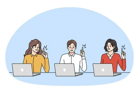 Smiling diverse people working on computer online brainstorm generate creative Stock Illustration