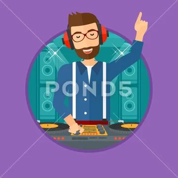 Smiling DJ mixing music on turntables. Stock Illustration