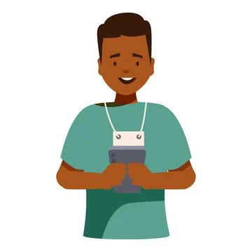 Smiling doctor using smartphone wearing green scrubs and id badge Stock Illustration