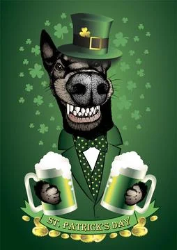 Smiling dog in Leprechaun hat with two green beer glasses. Stock Illustration