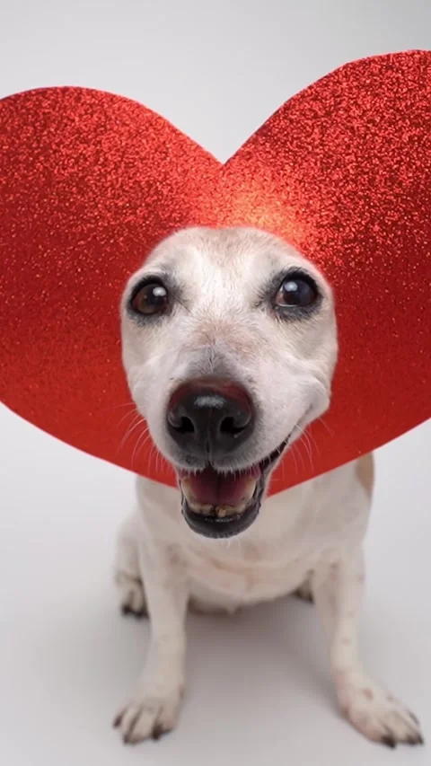 Smiling dog looks into camera with big sparkling red heart on head Vídeo Stock 287730137