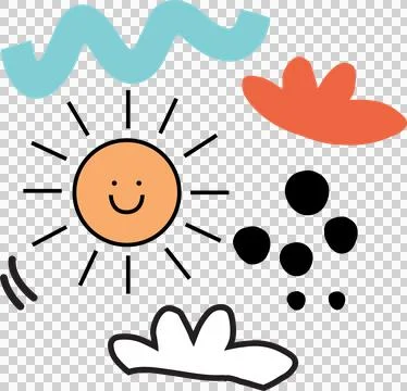 Smiling doodle sun floating on transparent background with blue wave or orange Illustrazione stock