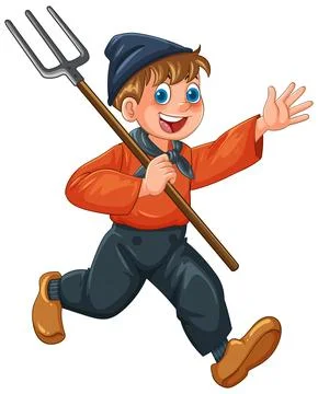 Smiling Dutch Boy Running With Pitchfork Illustration Stock Illustration