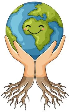 Smiling Earth Held by Hands with Growing Roots Stock Illustration