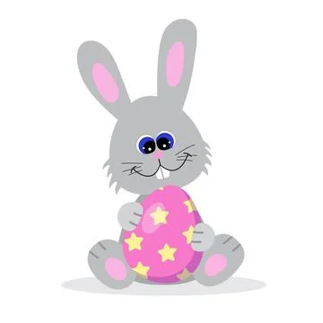 Smiling Easter bunny, cute vector illustration in flat style. Sitting grey baby  Stock Illustration