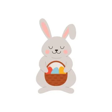 Smiling Easter bunny holding basket with painted eggs flat style, vector Stock Illustration