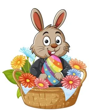 Smiling Easter Bunny in Suit Holding Decorated Egg Inside a Flower Basket Stock Illustration