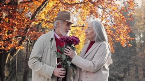 Smiling elderly gray-haired man bringing beautiful bouquet to charming old lady Stock Footage 205084974