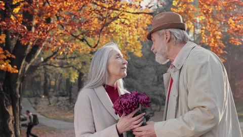 Smiling elderly gray-haired man bringing beautiful bouquet to charming old lady Stock Footage 217046253