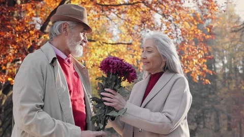 Smiling elderly gray-haired man bringing beautiful bouquet to charming old lady Stock Footage 249742755
