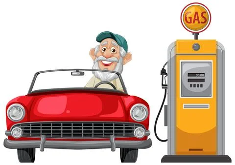 Smiling Elderly Man Refueling Red Convertible at Gas Pump Stock Illustration