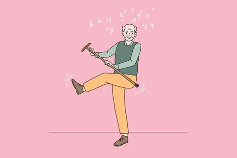 Smiling elderly man relax dancing with walking stick Stock Illustration