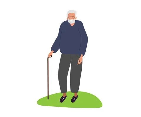 Smiling elderly Man. Senior man with beard with gray hair standing with walking Stock Illustration