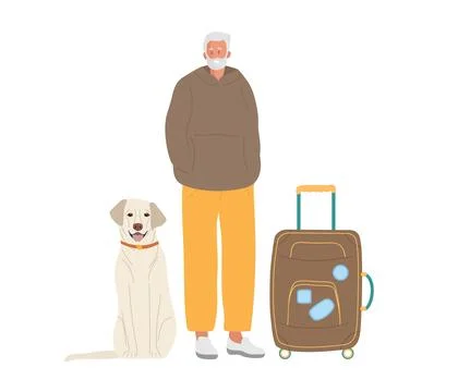 Smiling elderly man with suitcase and dog. Elderly man Traveling with Luggage Stock Illustration