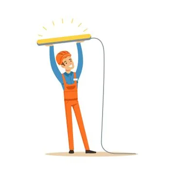 Smiling electrician in uniform installing fluorescent lamp, electric man Stock Illustration