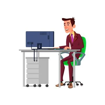 Smiling elegant man online communicate with customer on computer cartoon vect Stock Illustration
