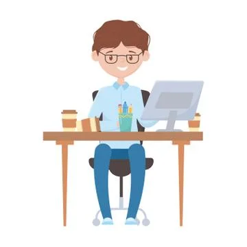 Smiling employee working with computer coffee cup on desk isolated design Illustrazione stock