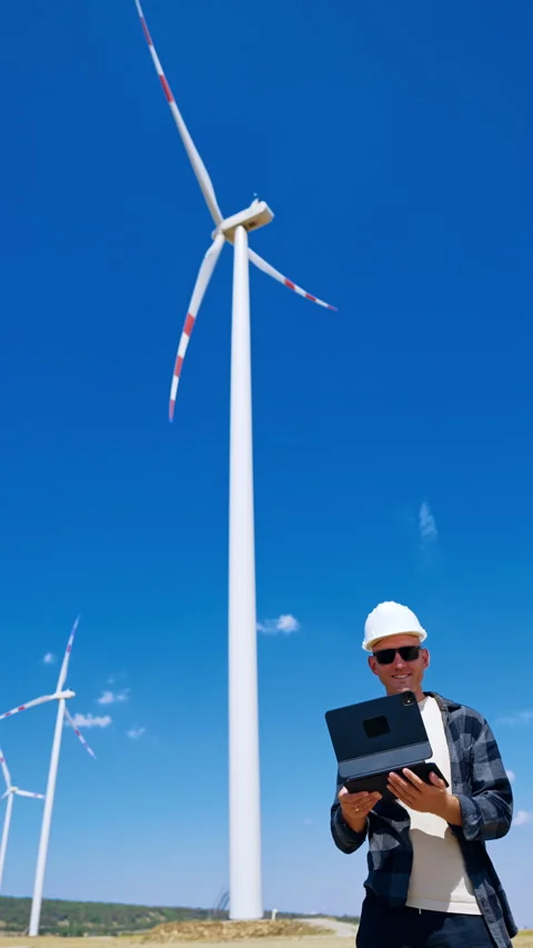 Smiling engineer holding tablet computer near wind turbine. A man in protective Video stock 343377762