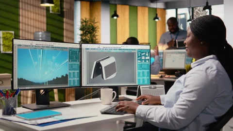 Smiling engineer in office pleased after developing innovative solar device Stock Footage 316001479