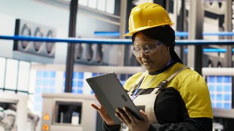 Smiling engineer in smart factory performing predictive maintenance using tablet Stock Photos