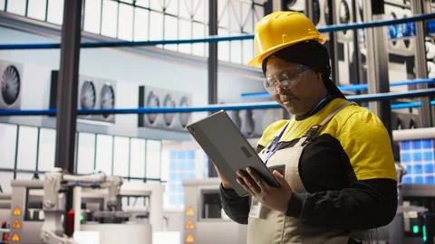 Smiling engineer in smart factory performing predictive maintenance using tablet Stock Photos