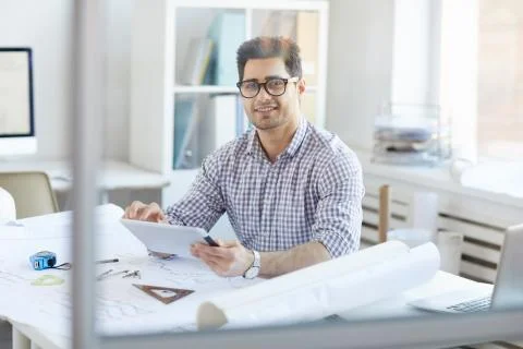 Smiling Engineer Using Digital Tablet Stock Photos