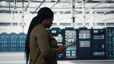Smiling engineer walking in data center with laptop, checking hardware Stock Photos