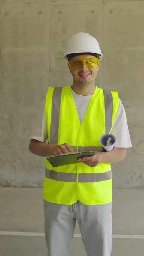 Smiling Engineer wearing a helmet and vest checks a project plan at a Stock Footage 348249481